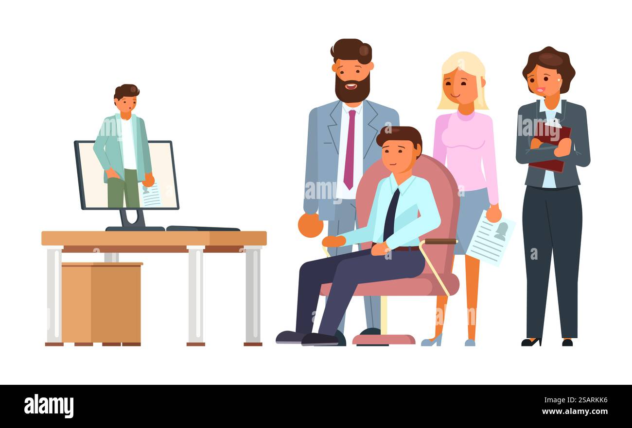 Online-Bewerbungskonzept. Mann-Arbeitsplatzkandidat, der Videoanrufe mit HR-Manager über einen Computer mit Kollegen oder dem Leiter des letzten Vorgesetzten führt, Vektorillustration. Konzept des Online-Bewerbungsgesprächs mit einem Mann, der Videoanrufe mit dem HR-Manager führt Stock Vektor