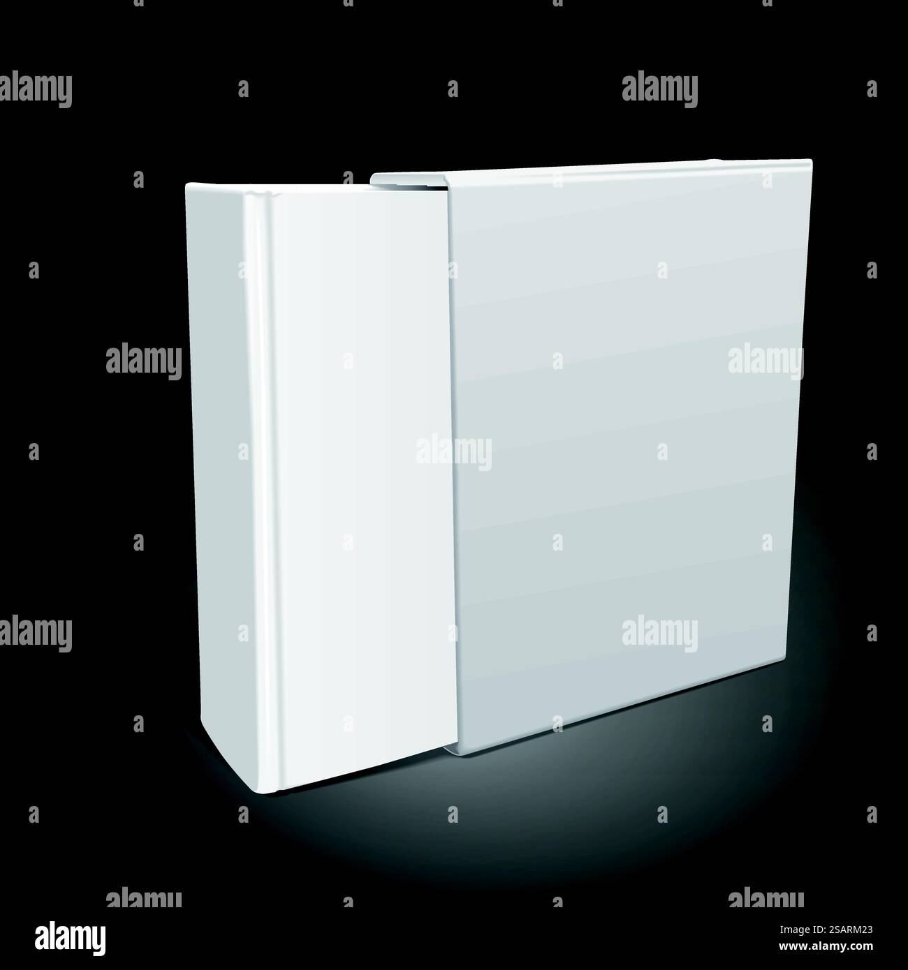 Leeres Wörterbuch und Paket auf schwarzem Hintergrund isoliert. 3D-Abbildung... Leeres Wörterbuch und Paket Stock Vektor