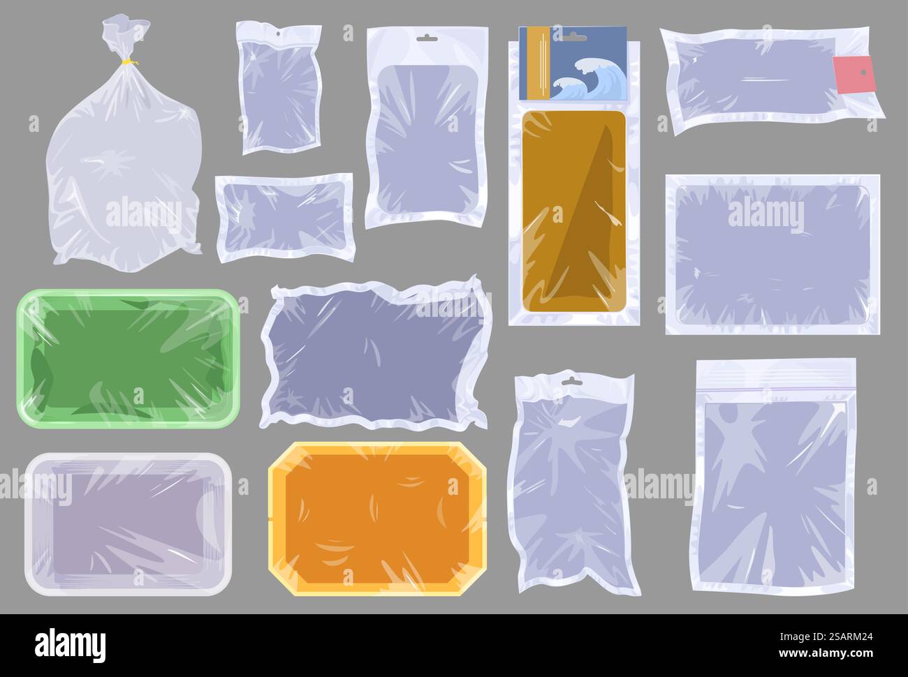 Leeres leeres Vakuum-Kunststoffgehäuse, isoliertes Vektorset. Produktbehälter, durchsichtige Tasche und Polymerverpackung, transparente Tasche zur sicheren Aufbewahrung von Lebensmitteln im Supermarkt. Isoliertes Vektorset aus leerem Vakuum-Kunststoffgehäuse Stock Vektor