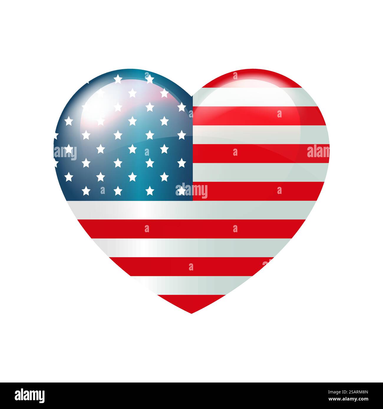 Vektorillustration mit amerikanischer Flagge im Herzen auf weißem Hintergrund. 4. Juli Unabhängigkeitstag der USA. US-amerikanische Hochglanztaste. Nationales patriotisches Emblem. Liebessymbol für das Land. EPS10 Stock Vektor