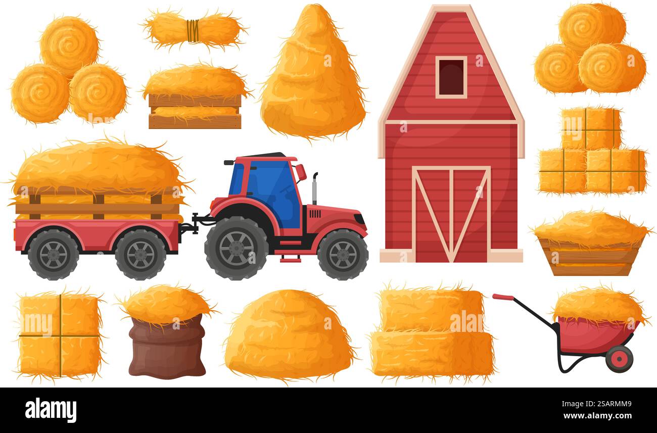 Landwirtschaftliche Heuerzeugung, Heuboden, Strohstall und landwirtschaftlicher Traktor. Getrocknetes Heu in Holzkiste und Schubkarre, Traktor, Bauernhofheu Scheune Vektor-Illustration Set. Ländliche haycock und landwirtschaftliche Ernte, Stroh anbauen. Landwirtschaftliche Heuerzeugung, Heuboden, Strohstall und landwirtschaftlicher Traktor. Getrocknetes Heu in Holzkiste und Schubkarre, Traktor, Bauernhofheu Scheune Vektor-Illustration Set. Ländlicher haycock Stock Vektor