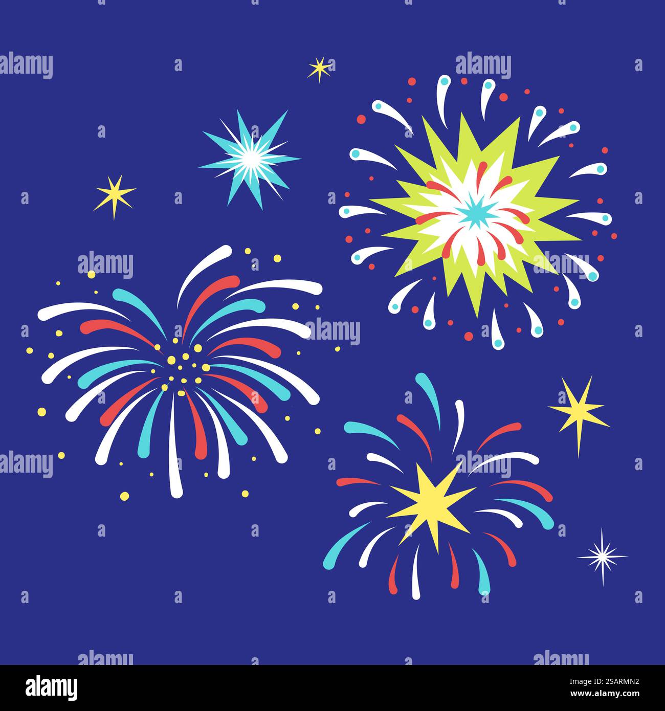 Flaches Design-Feuerwerk-Element auf blauem Hintergrund zur Feier. Feuerwerkselement mit flachem Design Stock Vektor