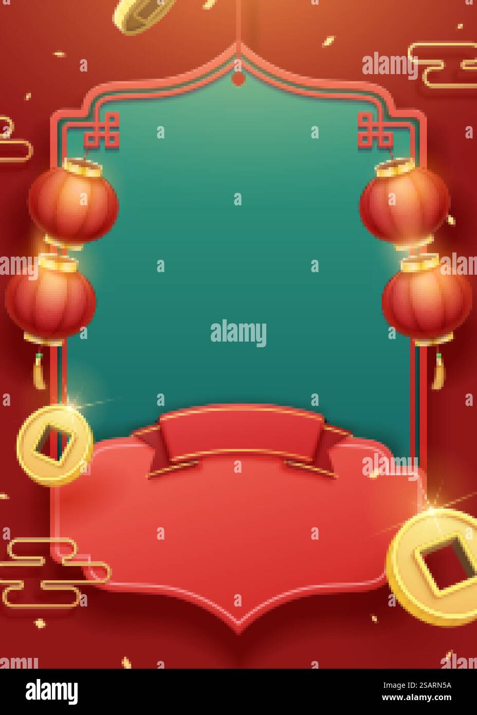 Chinesischer Hintergrund mit hängenden Laternen, Goldmünzen und traditionellem Rahmen in Rot und Türkis. Chinesischer Hintergrund Stock Vektor