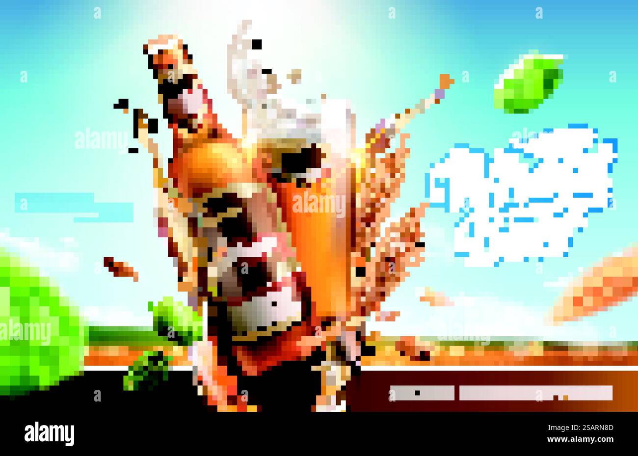Weizenbier-Werbung mit fliegenden Zutaten und Flüssigkeit auf Bokeh goldenem Weizenfeld Hintergrund in 3D-Illustration. Werbung für Weizenbier Stock Vektor
