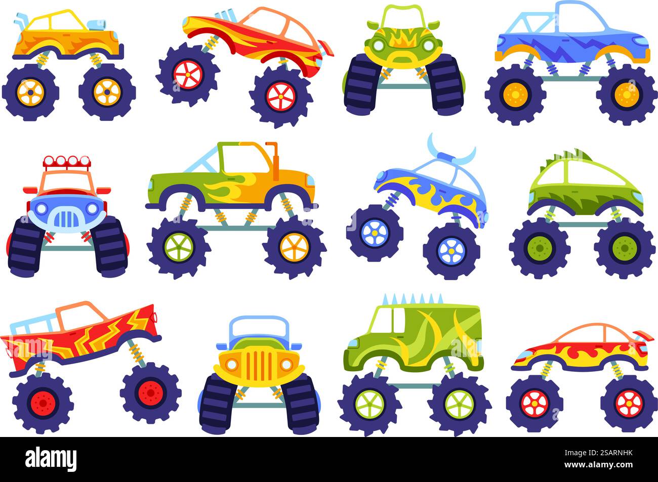 Cartoon Monster Trucks. Kinderautos mit großen Rädern, extremen Rennwagen und schweren Fahrzeugen Vektor-Illustration Set. Transport von Spielzeug mit großen Reifen für Kinder. Kraftmotoren kindliche Autos. Cartoon Monster Trucks. Kinderautos mit großen Rädern, extremen Rennwagen und schweren Fahrzeugen Vektor-Illustration Set Stock Vektor
