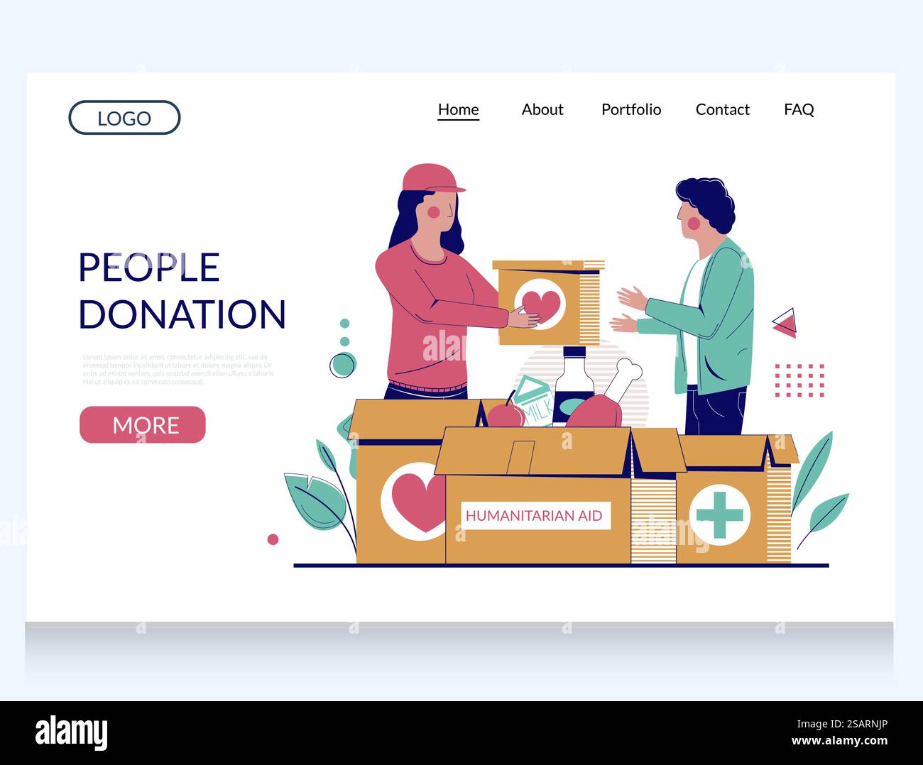 Vektor-Website-Vorlage für People-Spenden, Design der Landing-Page für Website- und mobile Website-Entwicklung. Humanitäre Hilfe, Nahrungsmittelspende für arme Menschen, Freiwilligenarbeit. Vorlage für die Landing-Page-Website für Vektor-Vektoren für Personen Stock Vektor