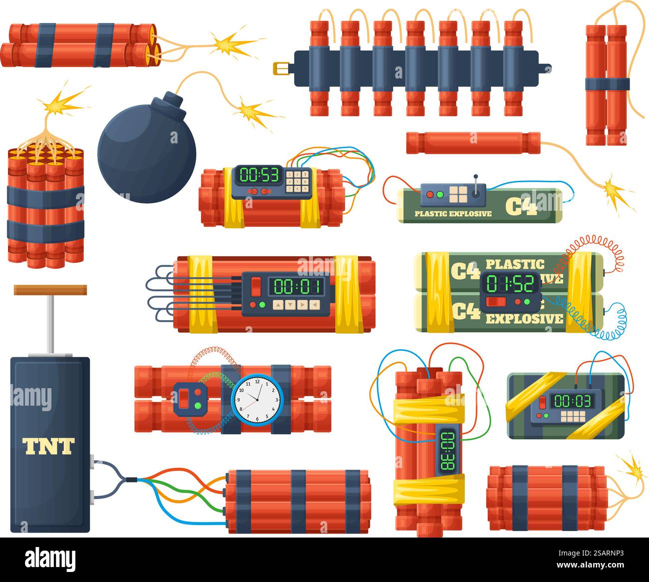 Sprengbomben und Dynamit-Sticks, gefährliche Pyrotechnik. Rote Dynamit-Sticks, Bomben mit Uhr Alarm Zünder Vektor-Illustration Set. Brennende Dynamit-Bomben. Gefährliche Explosion und Warnung. Sprengbomben und Dynamit-Sticks, gefährliche pyrotechnische Elemente. Rote Dynamit-Sticks, Bomben mit Uhr Alarm Zünder Vektor-Illustration Set. Brennende Dynamit-Bomben Stock Vektor