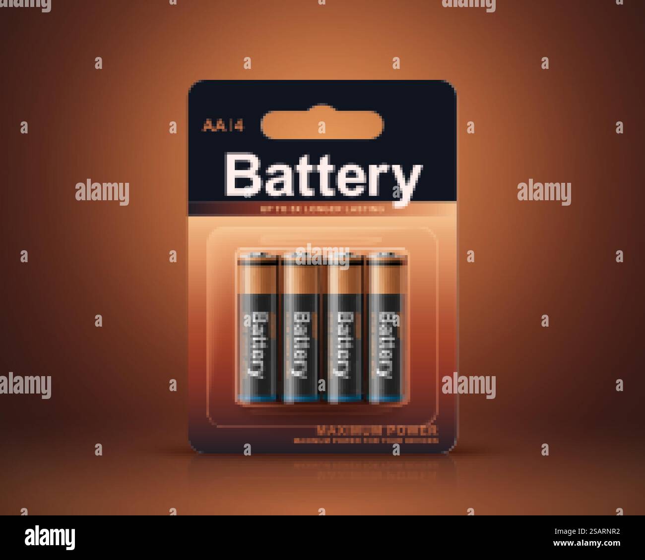 3D AA- oder AAA-Batteriepaket. Batterien in transparenter Blisterpackung sind nachempfunden. Package-Element auf Kupferhintergrund isoliert. 3D-Akku-Blisterpackung Stock Vektor
