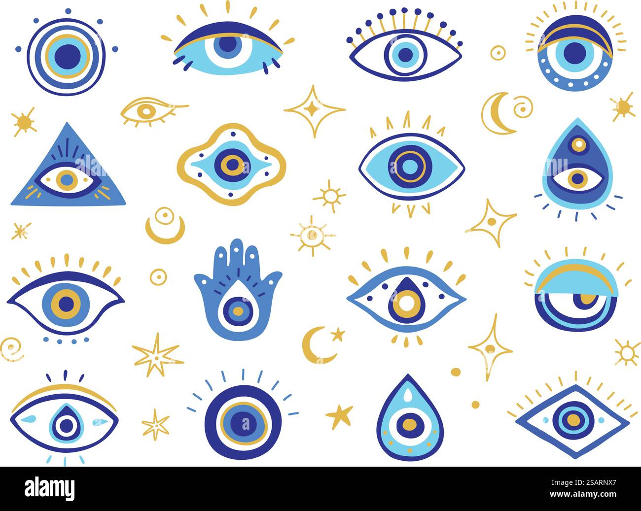 Böse Augensymbole. Mystische griechische und türkische Augen des bösartigen Blicks, spirituelle hamsa Hand und magische Amulett Vektor Illustration Set. Heiliger traditioneller Talisman für Schutz und Glück. Böse Augensymbole. Mystische griechische und türkische Augen des bösartigen Blicks, spirituelle hamsa Hand und magische Amulett Vektor Illustration Set Stock Vektor