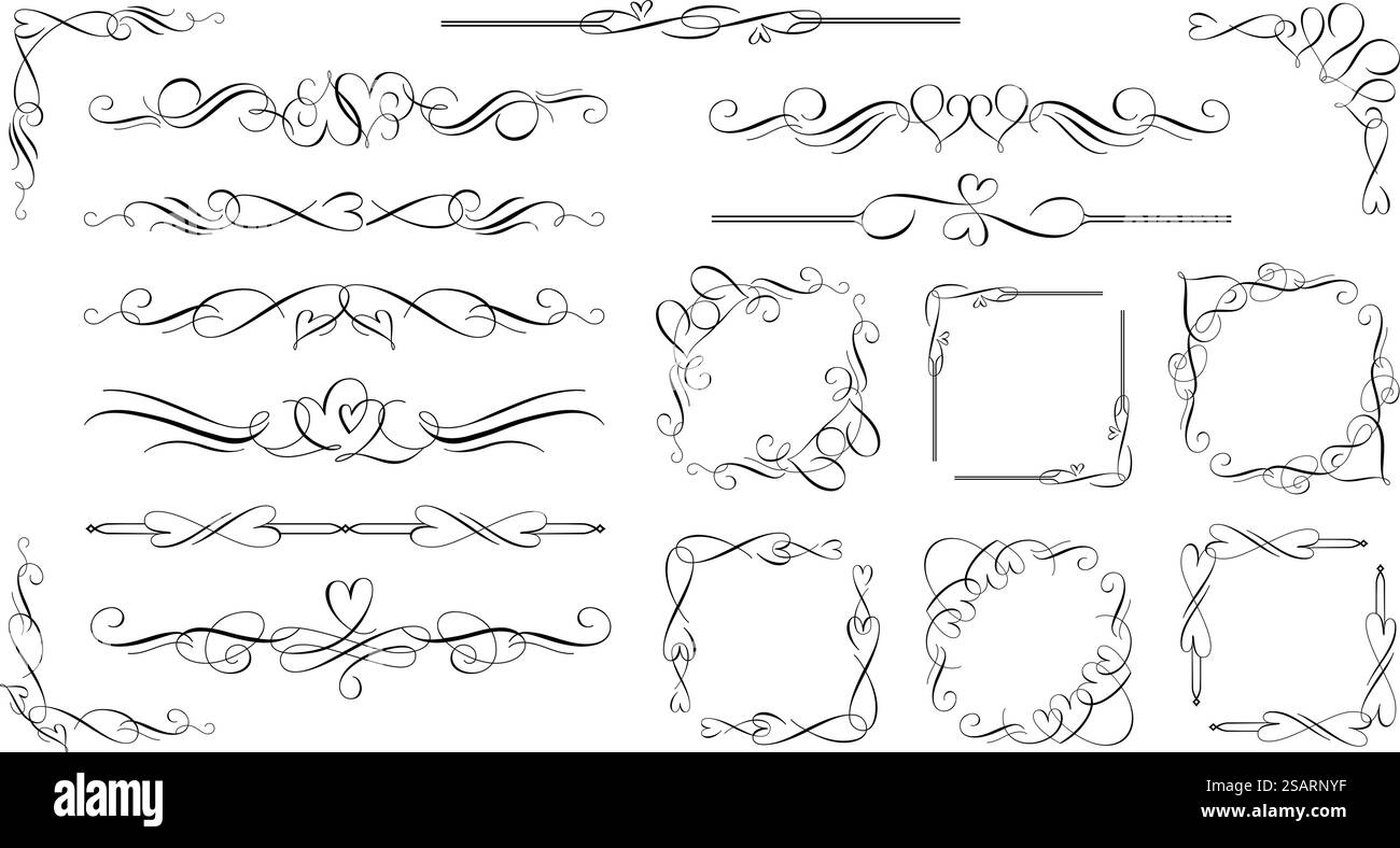 Kalligraphische Liebesherzen dekorative Ornamente. Romantische Trennwände, herzförmige, florierende Ecken für Rahmen und Einladungskarten. Vektor-Satz der Herz-Liebe-Hochzeit-Kalligraphie-Illustration. Kalligraphische Liebesherzen dekorative Ornamente. Romantische Trennwände, herzförmige, florierende Ecken für Rahmen und Einladungskarten. Vektorsatz Stock Vektor