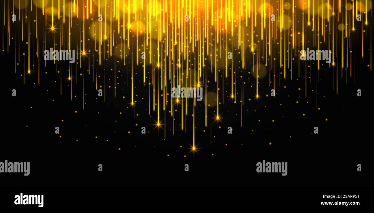 Goldene Sternschnuppen. Dunkler Hintergrund mit fallenden glänzenden Glitzer Konfetti Partikel, Funken Regen Luxus abstrakte Vektor Hintergrund. Magische Spur aus Sternenstaub, festliches Feuerwerk. Goldene Sternschnuppen. Dunkler Hintergrund mit fallenden glänzenden Glitzer Konfetti Partikel, Funken Regen Luxus abstrakte Vektor Hintergrund Stock Vektor