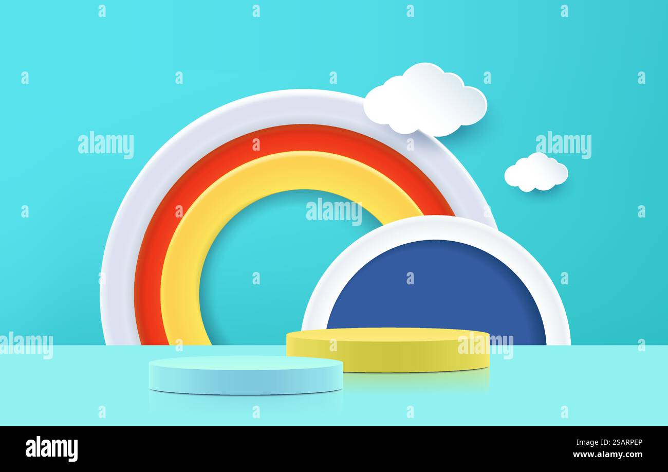 3D-Darstellung von Podium und abstrakter geometrischer Darstellung mit leerem Raum für Kinder- oder Babyprodukte. Stock Vektor