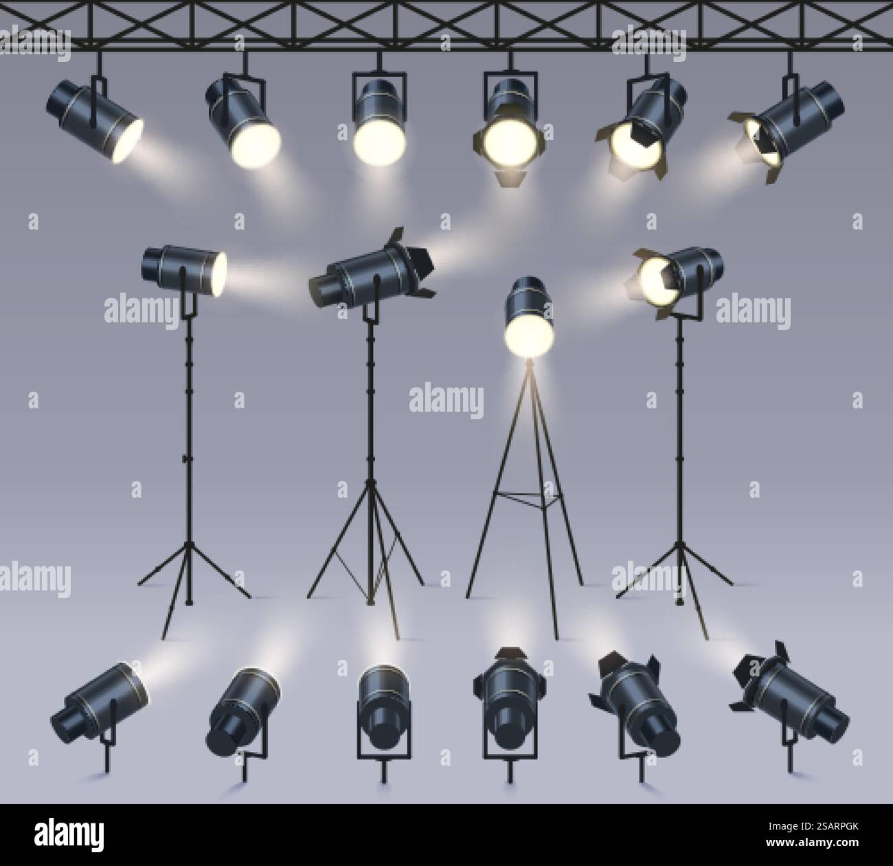Realistische Spots. Lampe auf Stativständer, Fotostudio oder Bühnenbeleuchtung. Spotlight mit Lichtstrahl Glow Effect Vektorsatz des Stativs realistische Lampe Illustration. Realistische Spots. Lampe auf Stativständer, Fotostudio oder Bühnenbeleuchtung. Spotlight mit Lichtstrahl-Glow-Effekt-Vektorsatz Stock Vektor