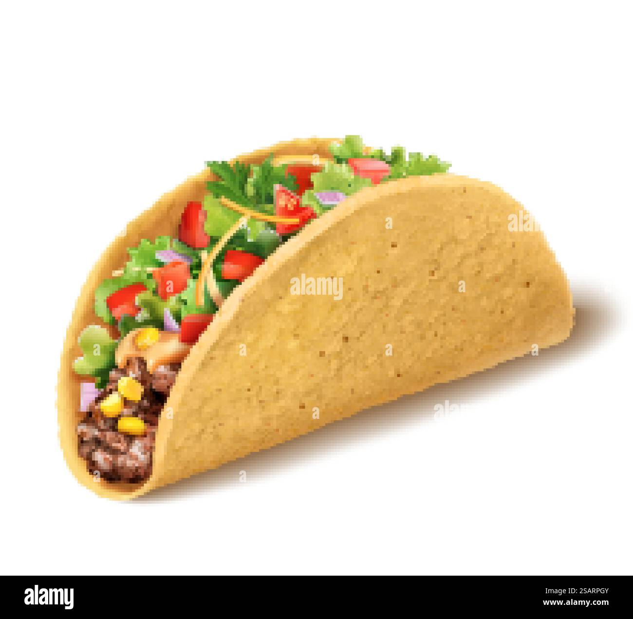 3D realistischer mexikanischer Taco mit Hackfleisch, Salat, Tomatenwürfeln und Zwiebelfüllung. Kulturelles Nahrungsmittelelement isoliert auf weißem Hintergrund. 3d frischer mexikanischer Taco Stock Vektor