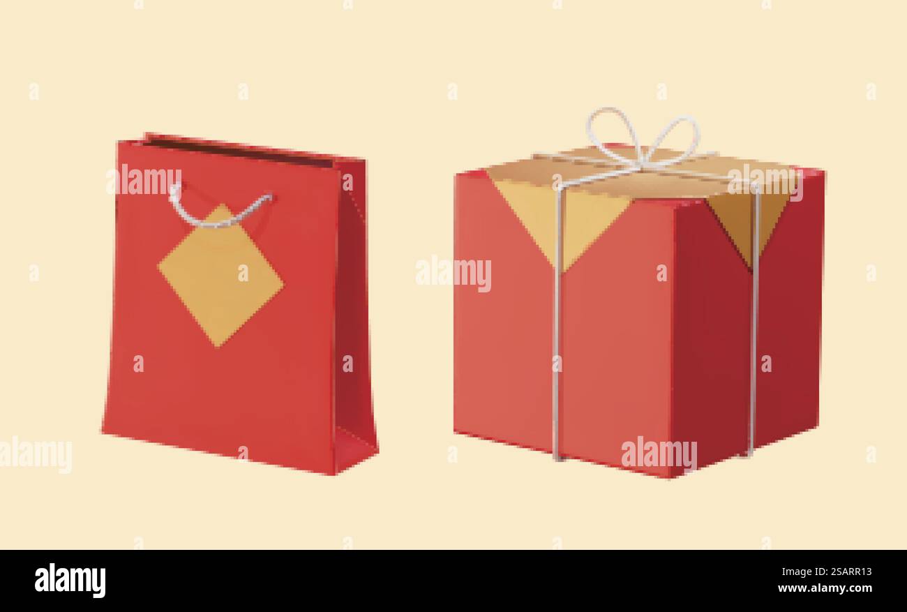Geschenkbox im 3D-chinesischen Stil und Geschenktüte. Passend für jede asiatische Weihnachtsdekoration. 3D chinesische Geschenkbox und Geschenktüte Stock Vektor