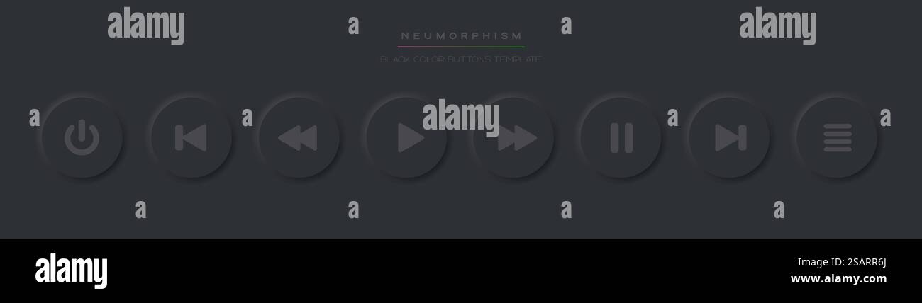 Satz schwarzer Symbole für die Wiedergabetaste. Neumorphische UI-Tasten für Musik-Player. Vektor-Audio- oder Video-Schnittstellenelemente im Pneumorphismus-Stil, weiches Grafikdesign Stock Vektor