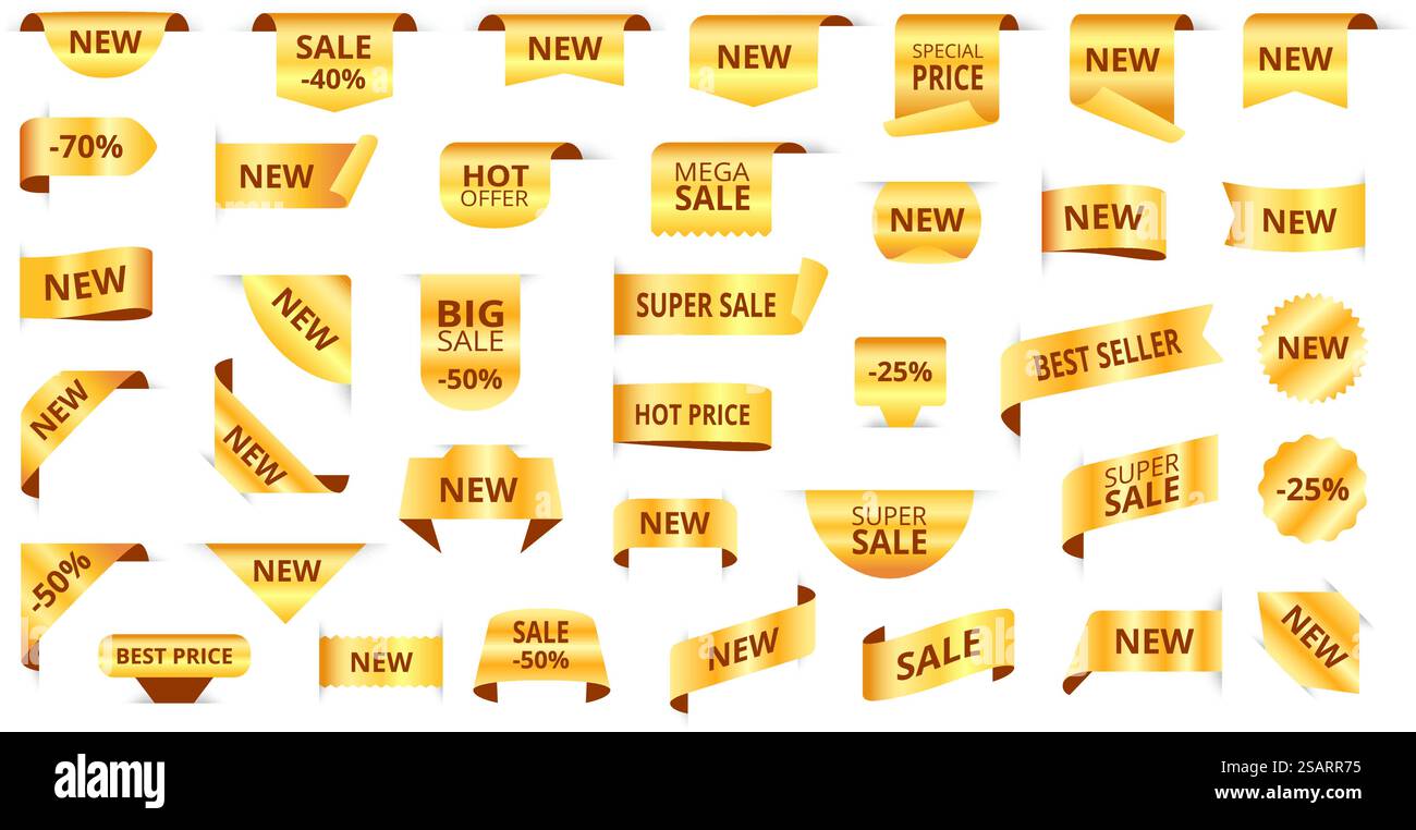 Goldene Tags. Neue Etikettenbänder, Goldaufkleber und Rabattabzeichen. Werbeangebot Banner Vektor-Paket mit Band Gold-Label zum Verkauf und zur Promotion. Goldene Tags. Neue Etikettenbänder, Goldaufkleber und Rabattabzeichen. Werbeangebot Banner Vector Bundle Stock Vektor