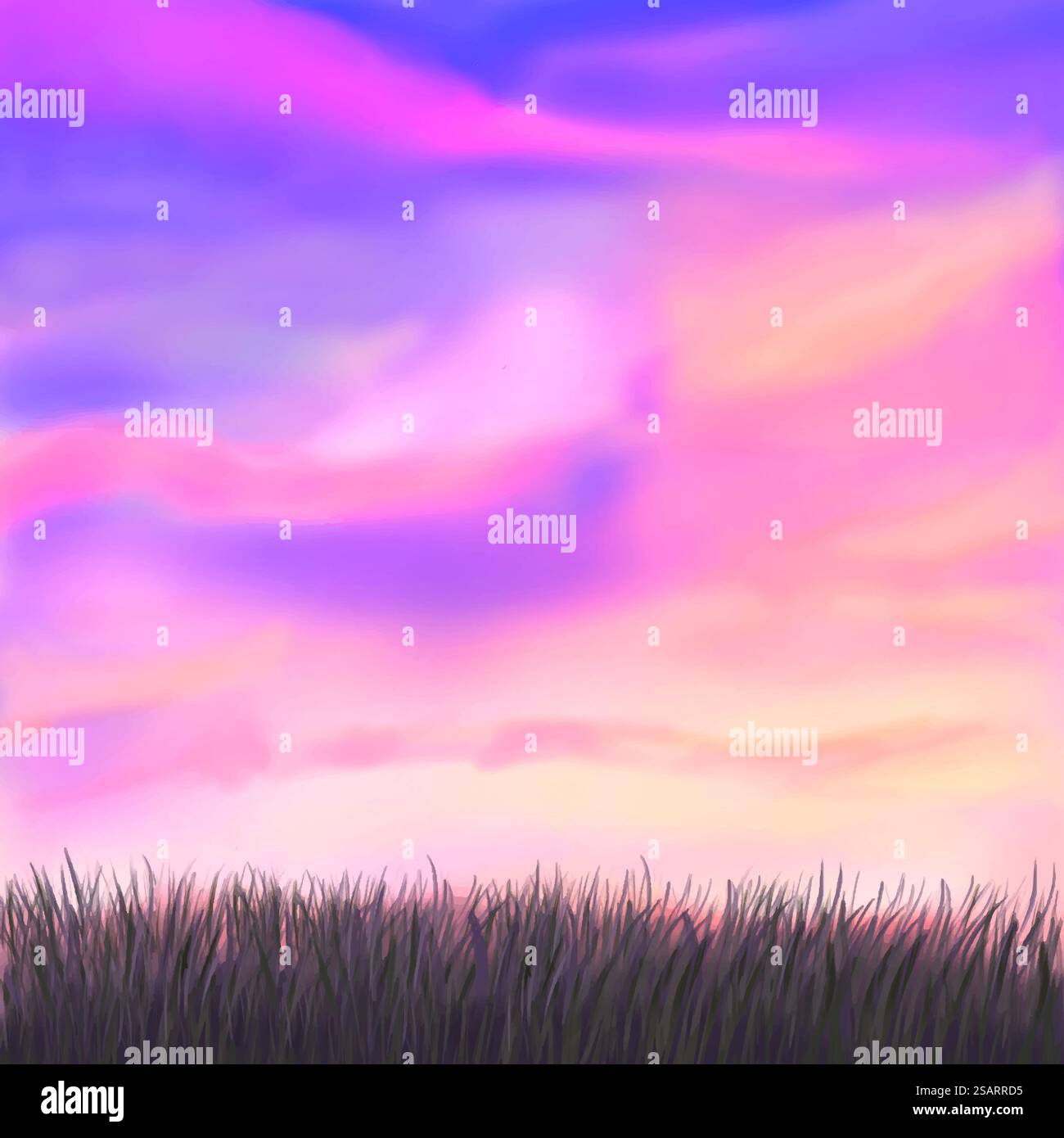 Rosa Sonnenuntergang Himmel mit Gras. Vektorhintergrund mit Wolken eps10 Stock Vektor