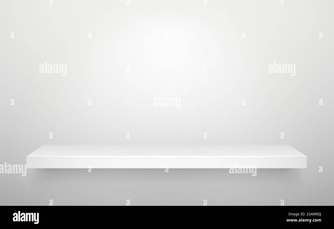 Weißes, realistisches Regal an weißer Wand. Hintergrundvorlage für Vektor-Modell Stock Vektor