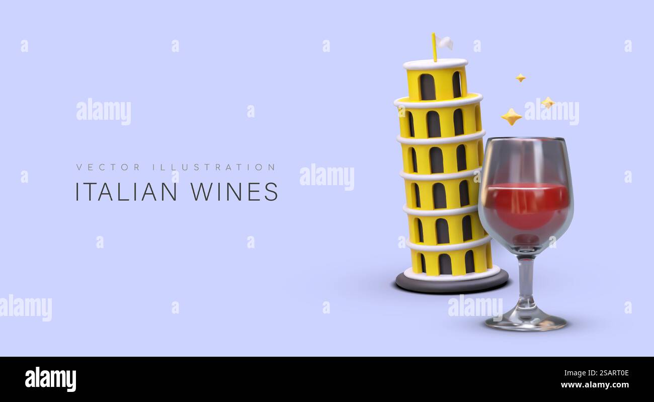 Weine aus Italien. Schiefer 3D-Turm von Pisa, Glas Rotwein, Sterne. Romantisches Abendessen für Paare, Urlaub in Italien. Aromatisches alkoholisches Getränk. Weintouren, Ausflüge zu Weinbergen. Weine aus Italien. Schiefer 3D-Turm von Pisa, Glas Rotwein, Sterne. Romantisches Abendessen für Paare Stock Vektor