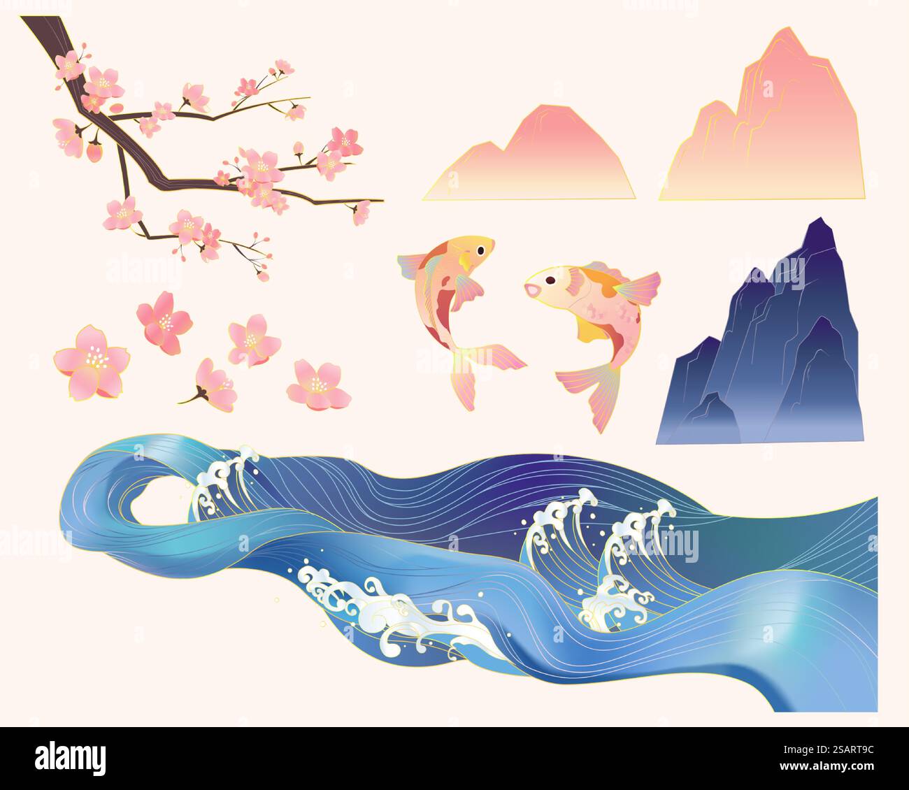 Alte Zeichnungen von Flusswellen, Koi-Fischen, Kirschblüten und Bergen. Orientalische Elemente isoliert auf weißem Hintergrund. Orientalische Vintage-Wasserzeichnungen Stock Vektor