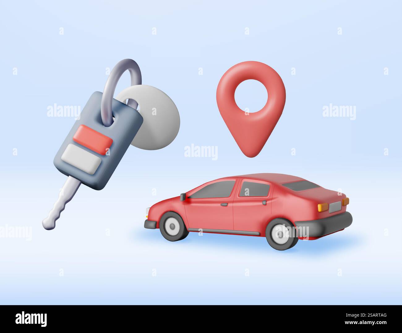 3D-Limousine, Positionsstift und Schlüssel isoliert. Rendern Sie ein realistisches Fahrzeug mit Fernalarm. Klassische Limousine. Konzept von Online-Carsharing, Reparaturservice und Lieferung. Vektorabbildung. 3D-Limousine, Positionsnadel und Schlüssel Stock Vektor