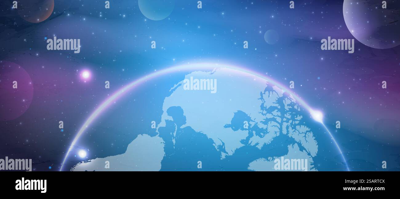 Weltraum- und Planetenhintergrund. Planeten tauchen mit Sternen und Wolken im dunklen Raum auf. Weltraumhimmel mit Planet und Satellit. Vektorabbildung Stock Vektor