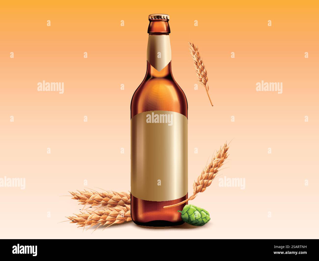 Leere Bierglasflasche mit Weizen und Hopfen für Designzwecke. Leere Bierglasflasche Stock Vektor