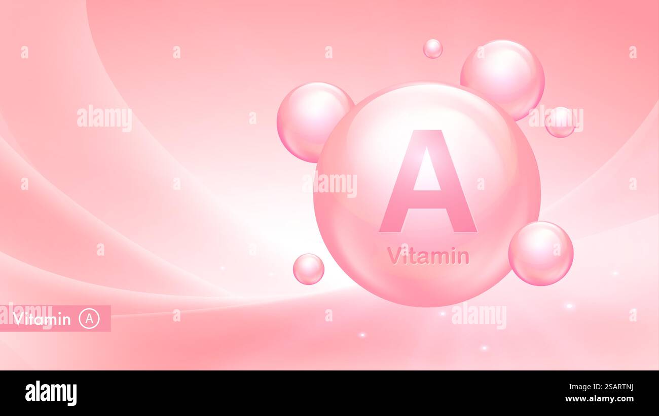 Vektor-Banner für Vitamin-A-Komplex mit Tropfenblasen. Medizinisches und wissenschaftliches Konzept. Schönheitsbehandlung Ernährung Hautpflege oder kosmetisches Poster Stock Vektor