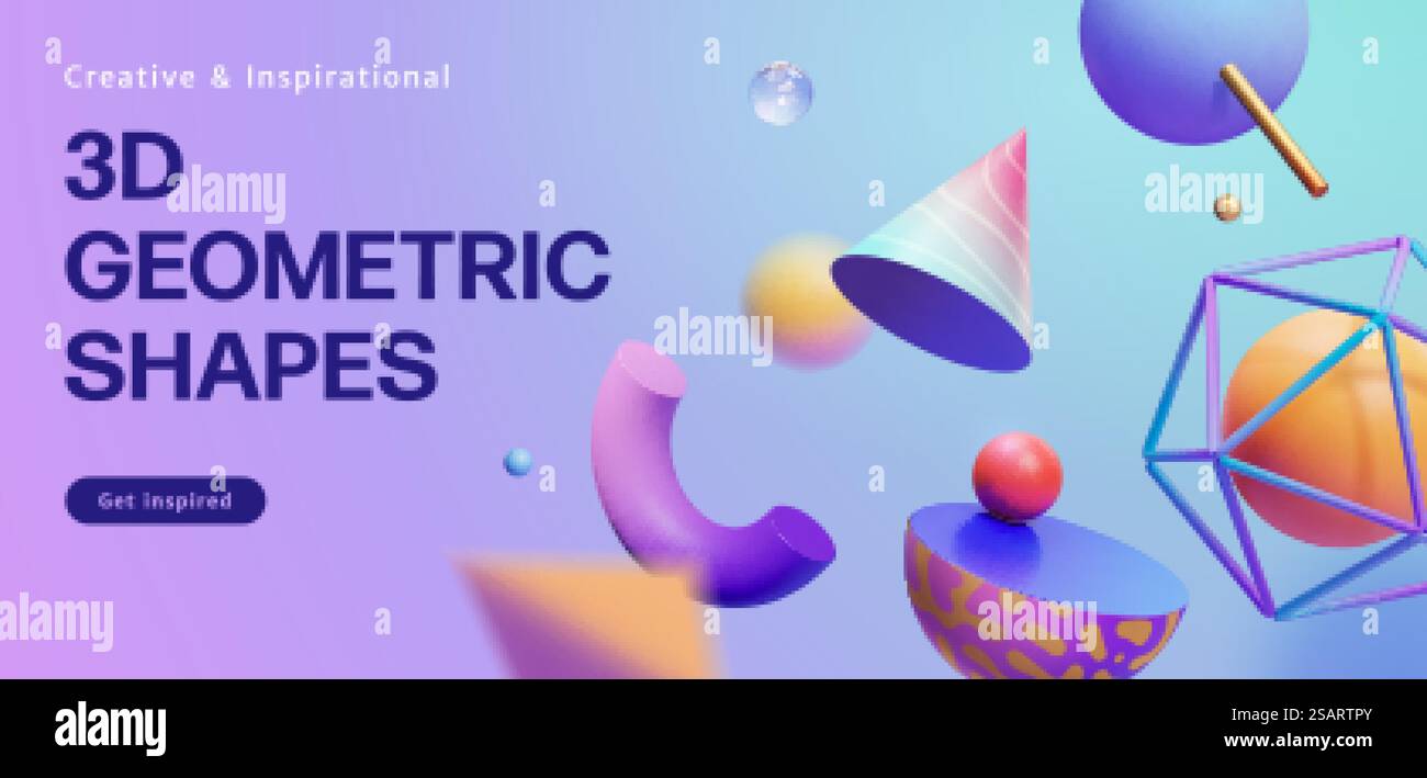 3D kreative Bannervorlage im Memphis-Stil mit fliegenden geometrischen Figuren. 3D kreatives Banner im Memphis-Stil Stock Vektor