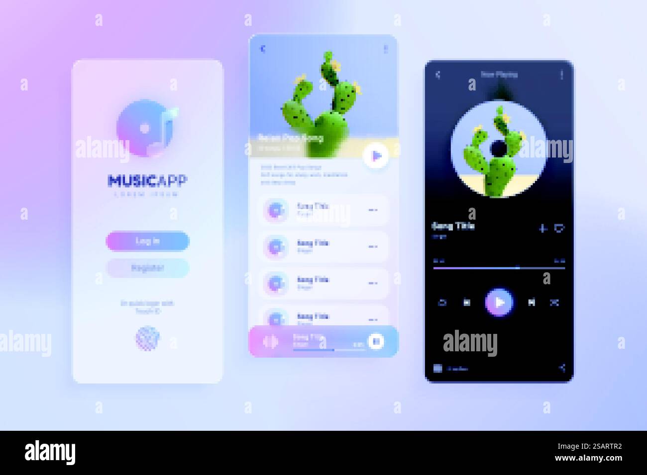 3D holografischer Glasmorphismus Musik-ui-Schnittstellenkit für Mobiltelefon-App, einschließlich Anmeldung, Wiedergabeliste und Wiedergabeseite. Design der 3D-Glasmusik-App Stock Vektor