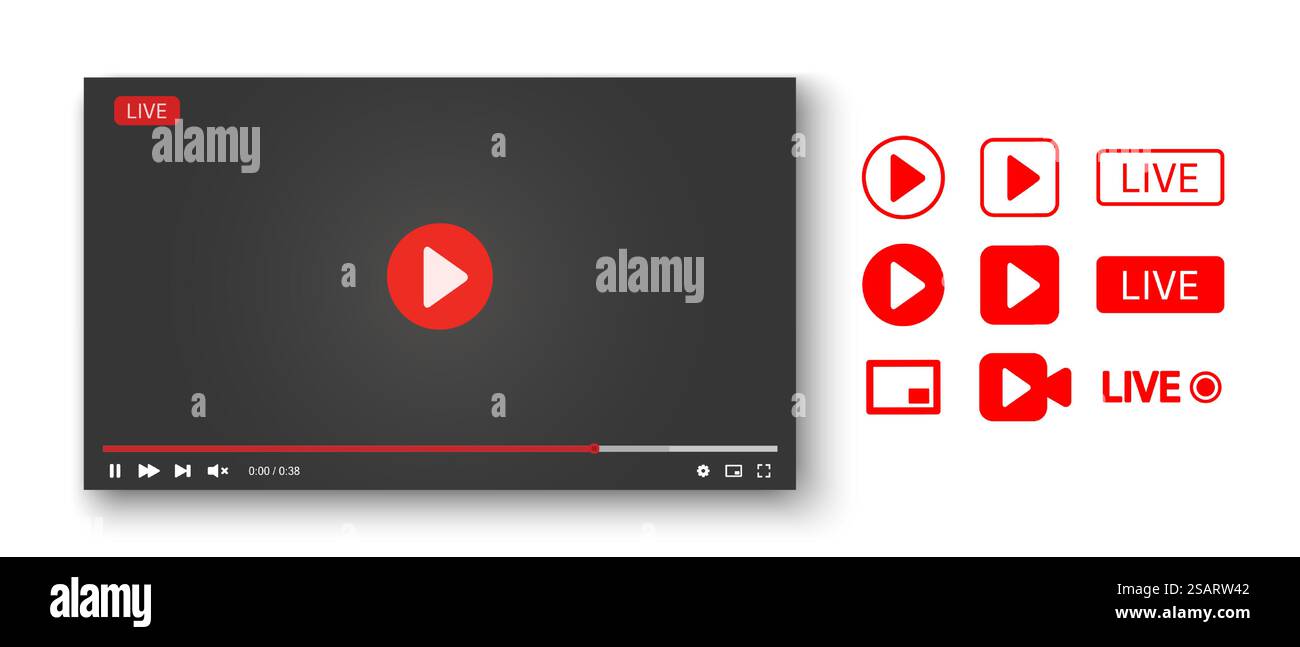 Video-Player-Vorlage mit Live-Stream-Etiketten. Live-Webinar-Vorlage mit roten Symbolen. Vektorabbildung Stock Vektor
