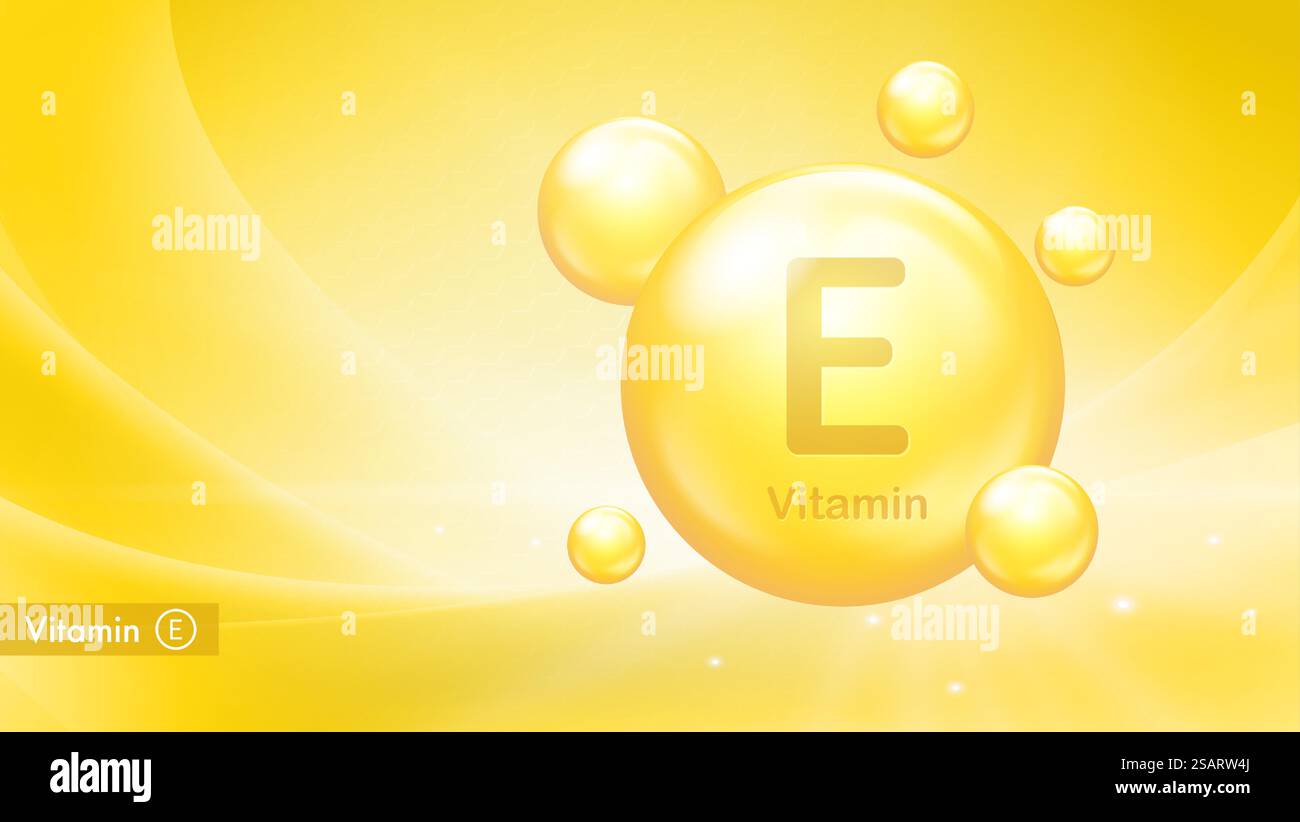 Vitamin-E-Vektor-Banner mit Tropfenblasen. Medizinisches Poster des E-Vitaminkomplexes. Gesundheits- und Schönheitspflege. Nahrungsergänzungsmittel Stock Vektor