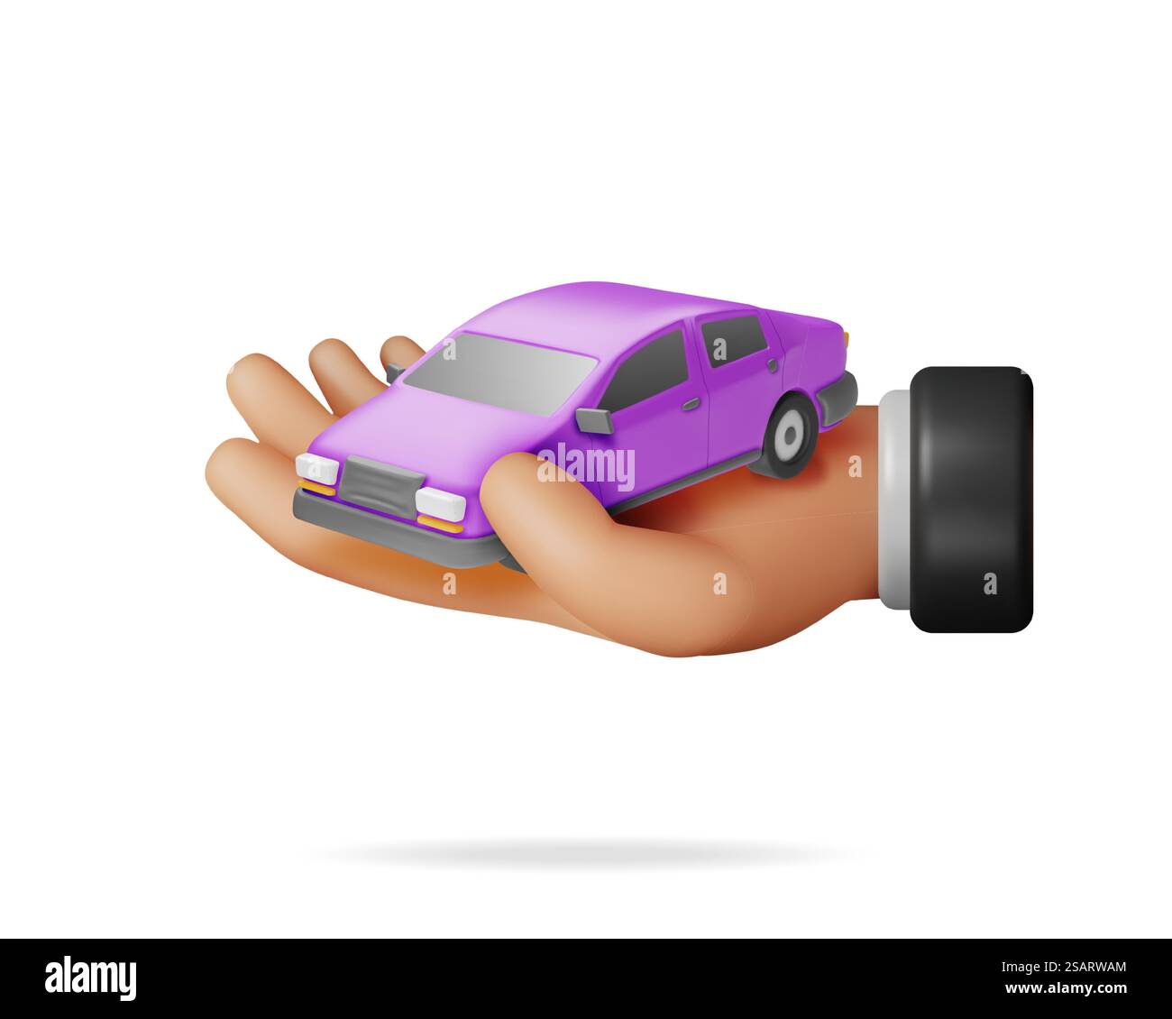 3D-Auto-Oldtimer-Modell in der Hand. Rendern Sie Ein Helles, Realistisches Auto. Klassische Limousine. Spielzeugautomat Aus Kunststoff. Werbung für Fahrschule Carsharing und Reparaturservice. Illustration Des Zeichentrickvektors. 3D Lila Auto Oldtimer Modell in der Hand Stock Vektor