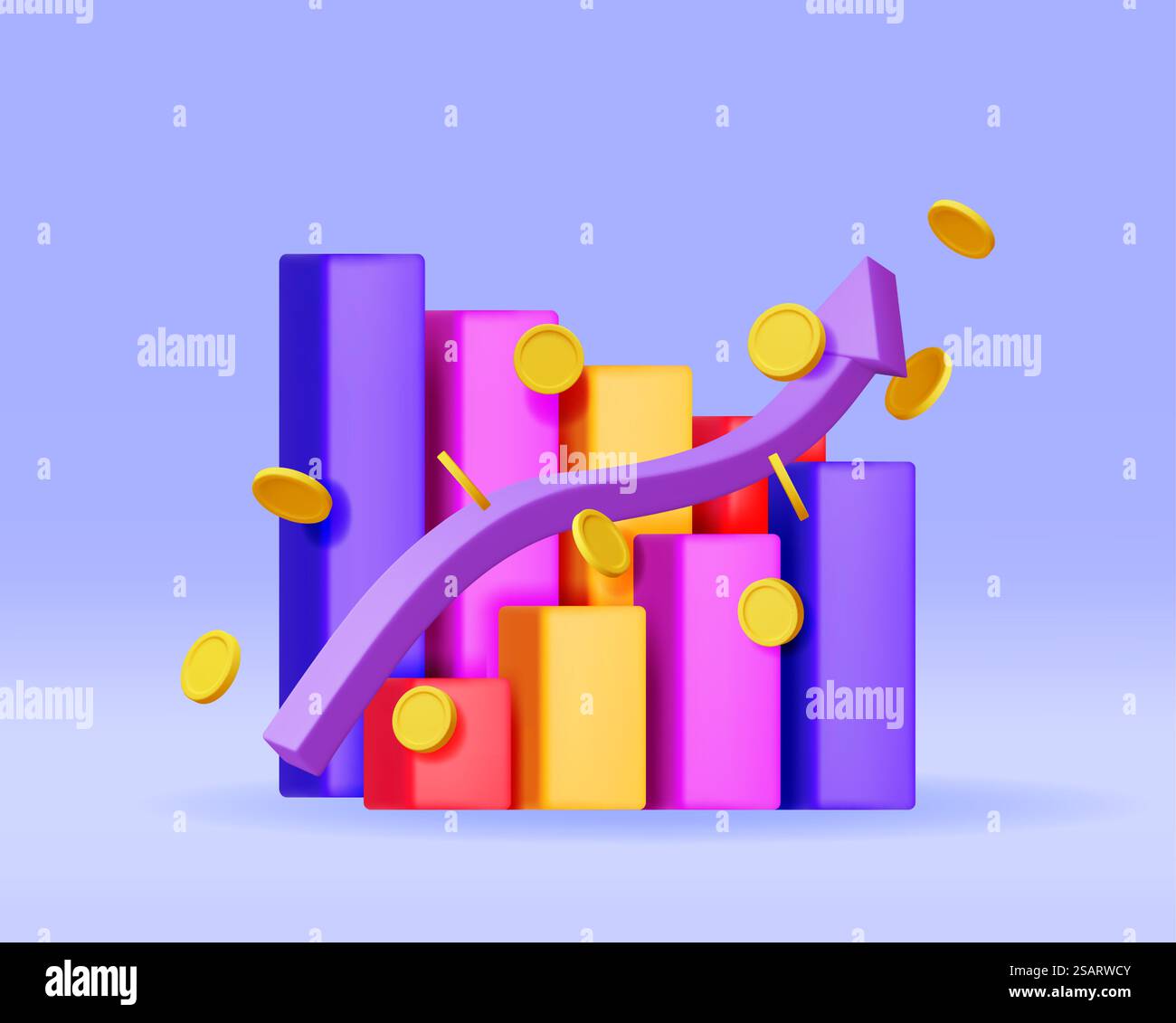 Pfeil für 3D-Wachstumskarte mit goldenen Münzen. „Stock Pfeil mit Geld rendern“ zeigt Wachstum oder Erfolg an. Finanzposition, Business Investment Financial Market Trade. Geld und Bankwesen. Vektorabbildung. Pfeil für 3D-Wachstumskarte mit goldenen Münzen Stock Vektor