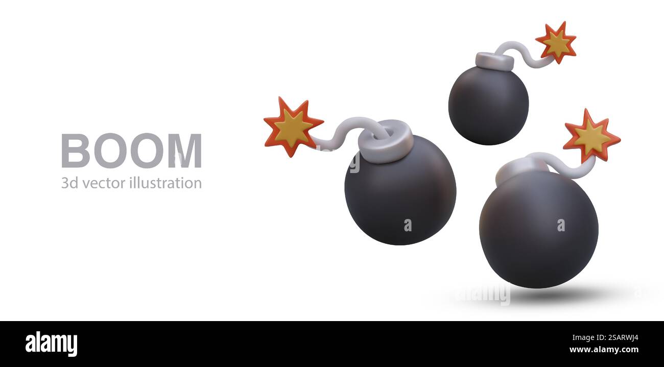 Sammlung brennender schwarzer Bomben in verschiedenen Positionen. Poster mit Elementen von Sprengwaffen. 3D-Spielkonzept. Vektorillustration mit Textstelle. Sammlung brennender schwarzer Bomben in verschiedenen Positionen Stock Vektor