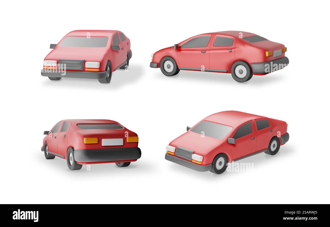 3D-Set des Red Car Oldtimer. Rendersammlung realistischer Autos. Klassische Limousine. Spielzeugautomat Aus Kunststoff. Werbung für Fahrschule Carsharing und Reparaturservice. Vektorabbildung. 3D-Set des Red Car Oldtimer Stock Vektor
