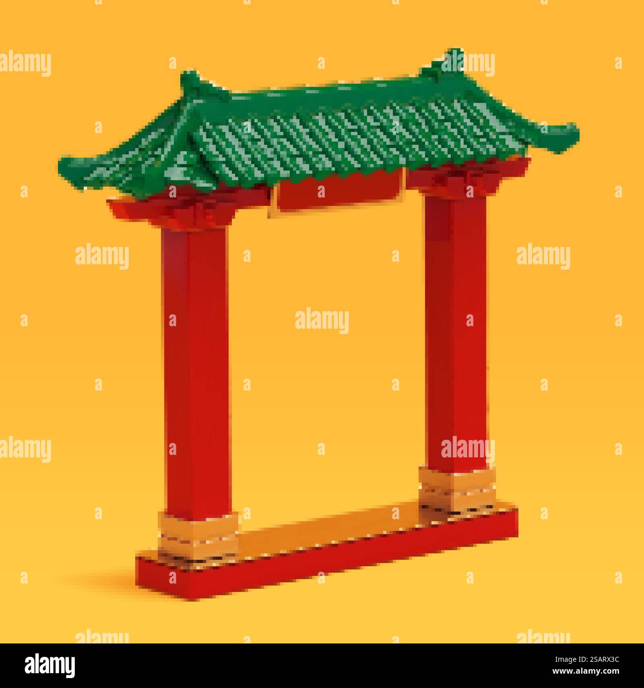 Rotes chinesisches Tempeltor oder Eingang mit grünem Dach isoliert auf gelbem Hintergrund. 3D rotes chinesisches Tempeltor oder Dach Stock Vektor