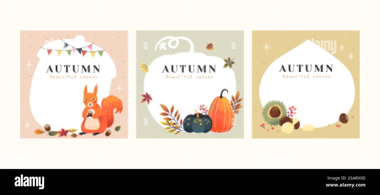 Set handgezeichneter Herbstillustrationen mit Copyspace. Satz herbstlicher Illustrationen Stock Vektor