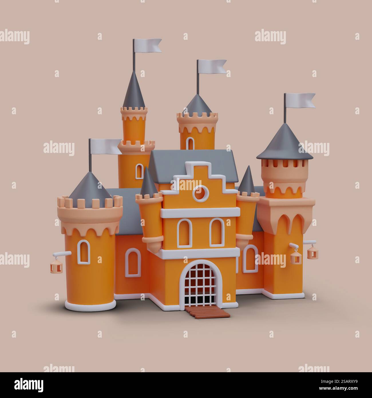 3D realistisches orangefarbenes Fantasy-Schloss. Modell für Computerspiele, 3D-Spielzeug für Kinder. Haus aus Feenschwanz. Vektor-Illustration mit orangem Hintergrund im Cartoon-Stil. 3D realistisches orangefarbenes Fantasy-Schloss. Modell für Computerspiele, 3D-Spielzeug für Kinder Stock Vektor