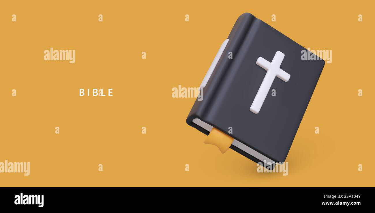 Plakat im realistischen 3D-Stil mit großer schwarzer Bibel und gelbem Hintergrund. Christentum-Konzept. Glaube und Hoffnung. Das Wort Gottes studieren. Vektorillustration mit Textstelle. Plakat im realistischen 3D-Stil mit großer schwarzer Bibel und gelbem Hintergrund Stock Vektor