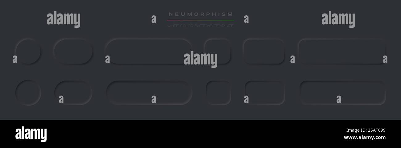 Schwarzer Knopf Neumorphismus Design Elemente Vektor Set. Kollektion mit runden und quadratischen Knöpfen. Element für Anwendungs-UI oder Webdesign Stock Vektor