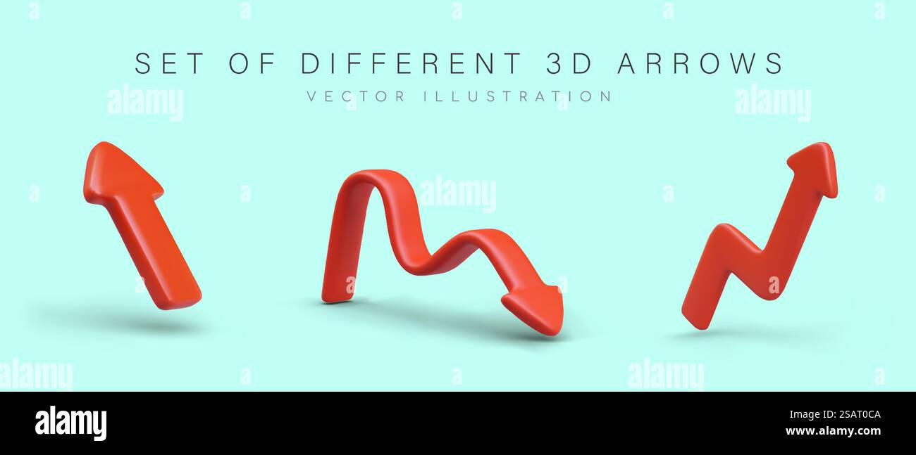 Satz mit 3 roten Pfeilen verschiedener Typen. Gerade, gebrochene, wellige Zeiger im Plastilin-Stil. Isoliertes Vektorbild. Richtungszeichen, klicken Sie auf Hinweis. Modernes Webdesign. Satz mit 3 roten Pfeilen verschiedener Typen. Gerade, gebrochene, wellige Zeiger im Plastilin-Stil Stock Vektor