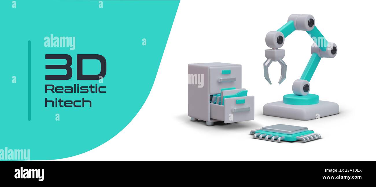 Realistisches hitech. Prinzip der automatisierten Produktion. Roboterprogrammierung basierend auf gespeicherten Daten. Dokumentationsarchiv. Horizontales Banner mit Vektor-3D-Elementen, Platz für Logo, Werbetext. Realistisches hitech. Prinzip der automatisierten Produktion. Roboterprogrammierung basierend auf gespeicherten Daten Stock Vektor