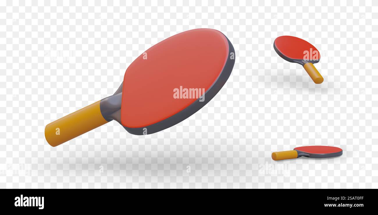 Roter 3D-Schläger für Tischtennis. Paddeln für Tischtennis. Satz von Vektorabbildungen. Farbige Sportsymbole. Objekt an verschiedenen Positionen. Spiel zur Koordination von Bewegungen. Roter 3D-Schläger für Tischtennis. Paddeln für Tischtennis. Satz von Vektorabbildungen Stock Vektor