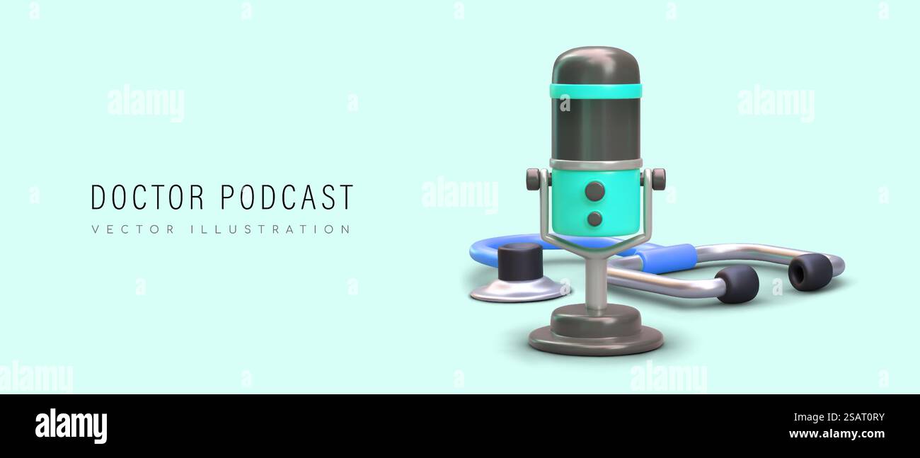 Doktor Podcast. Tonaufnahme medizinischer Themen. Realistisches Mikrofon, Stethoskop. Konzept für Autorenprogramm, Audioshow. Werbelayout für Webdesign. Doktor Podcast. Tonaufnahme medizinischer Themen. Realistisches Mikrofon, Stethoskop Stock Vektor