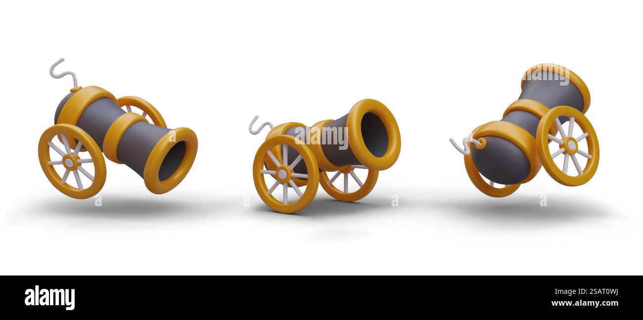 3D realistische Kanone auf Rädern in verschiedenen Positionen auf weißem Hintergrund. Artilleriekonzept. Pirate Medieval Explosion Spiel. Vektorabbildung in Gelb und Schwarz. 3D realistische Kanone auf Rädern in verschiedenen Positionen auf weißem Hintergrund. Artilleriekonzept Stock Vektor 3D realistische Kanone auf Rädern in verschiedenen Positionen auf weißem Hintergrund. Artilleriekonzept. Pirate Medieval Explosion Spiel. Vektorabbildung in Gelb und Schwarz. 3D realistische Kanone auf Rädern in verschiedenen Positionen auf weißem Hintergrund. Artilleriekonzept Stock Vektor