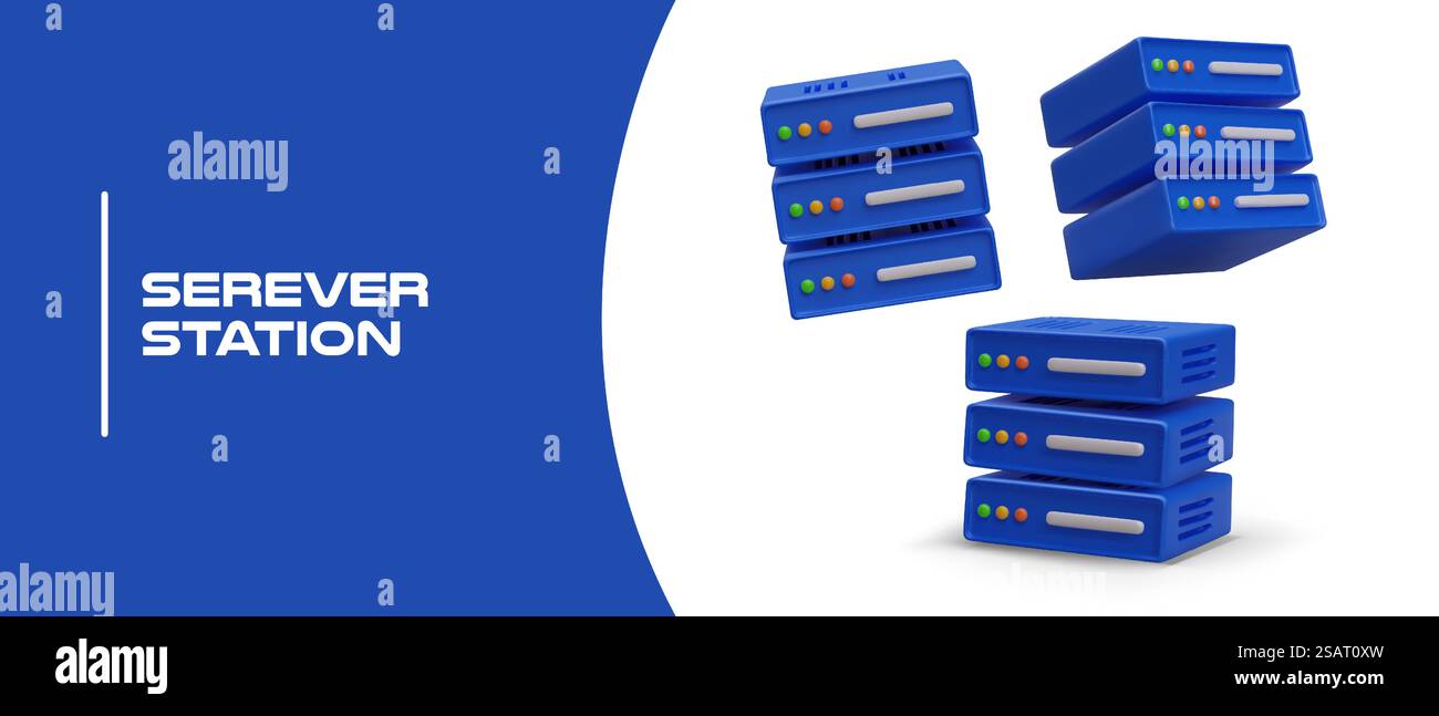 Server-Station. Speicherung und Verarbeitung von Informationen. Archivierung. Bereitstellung von Dienstleistungen für eine große Zahl von Verbrauchern. Poster mit 3D-Illustration, Platz für Text. Server-Station. Speicherung und Verarbeitung von Informationen. Archivierung Stock Vektor