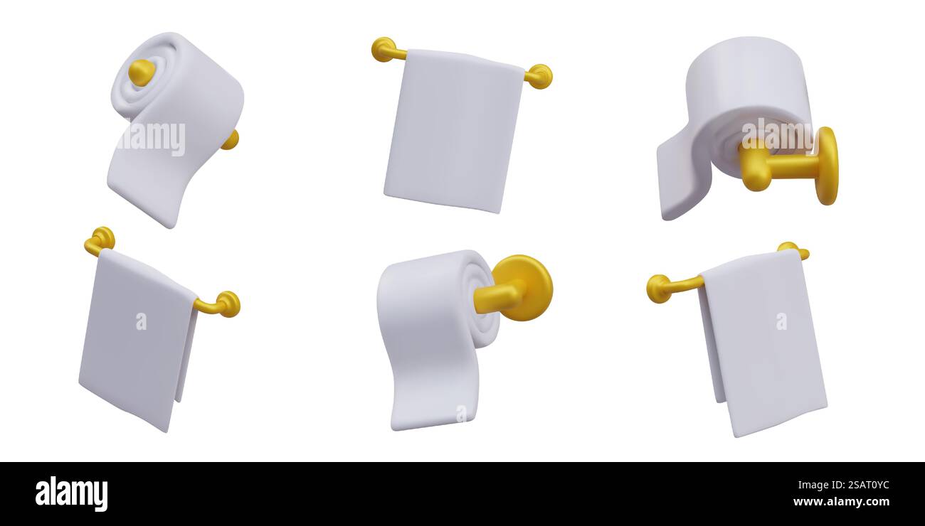 Textilien und Papier für die Hygiene. Handtuch und Toilettenpapier Rollen auf Metallhalter. Vektorobjekte mit sauberer weißer Oberfläche, Platz für Logo, Modell. Bilder an verschiedenen Positionen. Badezimmerzubehör. Textilien und Papier für die Hygiene. Handtuch und Toilettenpapier Rollen auf Metallhalter Stock Vektor