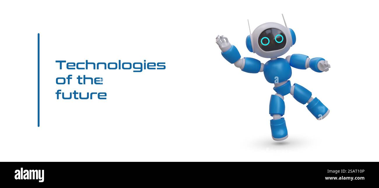 Konzept der Zukunftstechnologien. Der süße, realistische Roboter balanciert auf einem Bein und winkt freundlich mit der Hand. Künstliche Intelligenz, automatisierte Verwaltung. Konzept der Zukunftstechnologien. Der süße, realistische Roboter balanciert auf einem Bein Stock Vektor